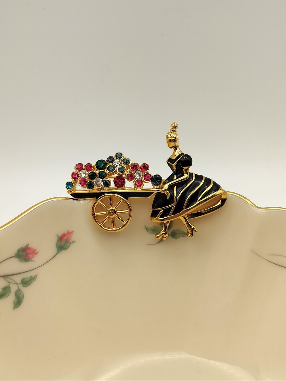 Vintage Nina Ricci Enamel Brooch with Floral Cart Design